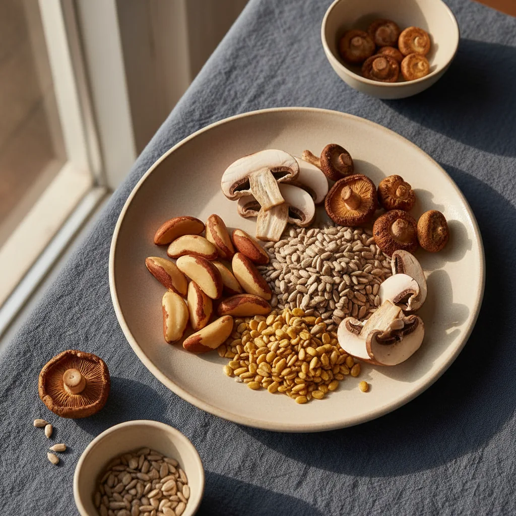 Paranoten, zonnebloempitten en champignons op een keramisch bord - seleniumhoudende voedingsmiddelen