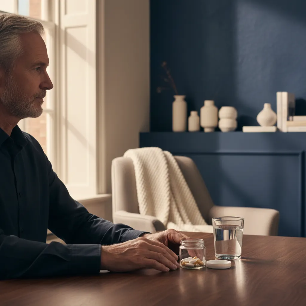 Anonieme oudere man van opzij met een glas water en capsules op een houten tafel - dagelijkse inname voedingssupplement