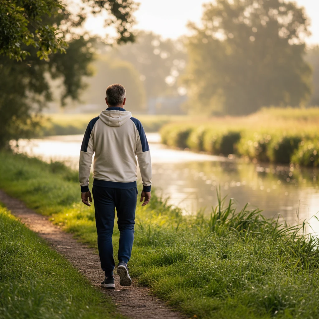 Anonieme man van achteren wandelend langs een Nederlandse kade in ochtendlicht - gezonde levensstijl mannen boven 50