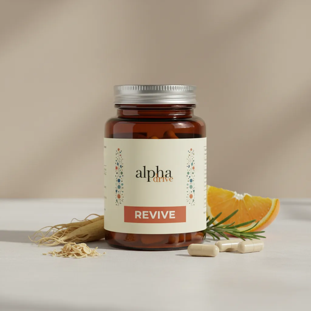 Alpha Drive donkerblauwe supplement-fles met gouden accenten en witte etikettenbalk - voedingssupplement voor mannen